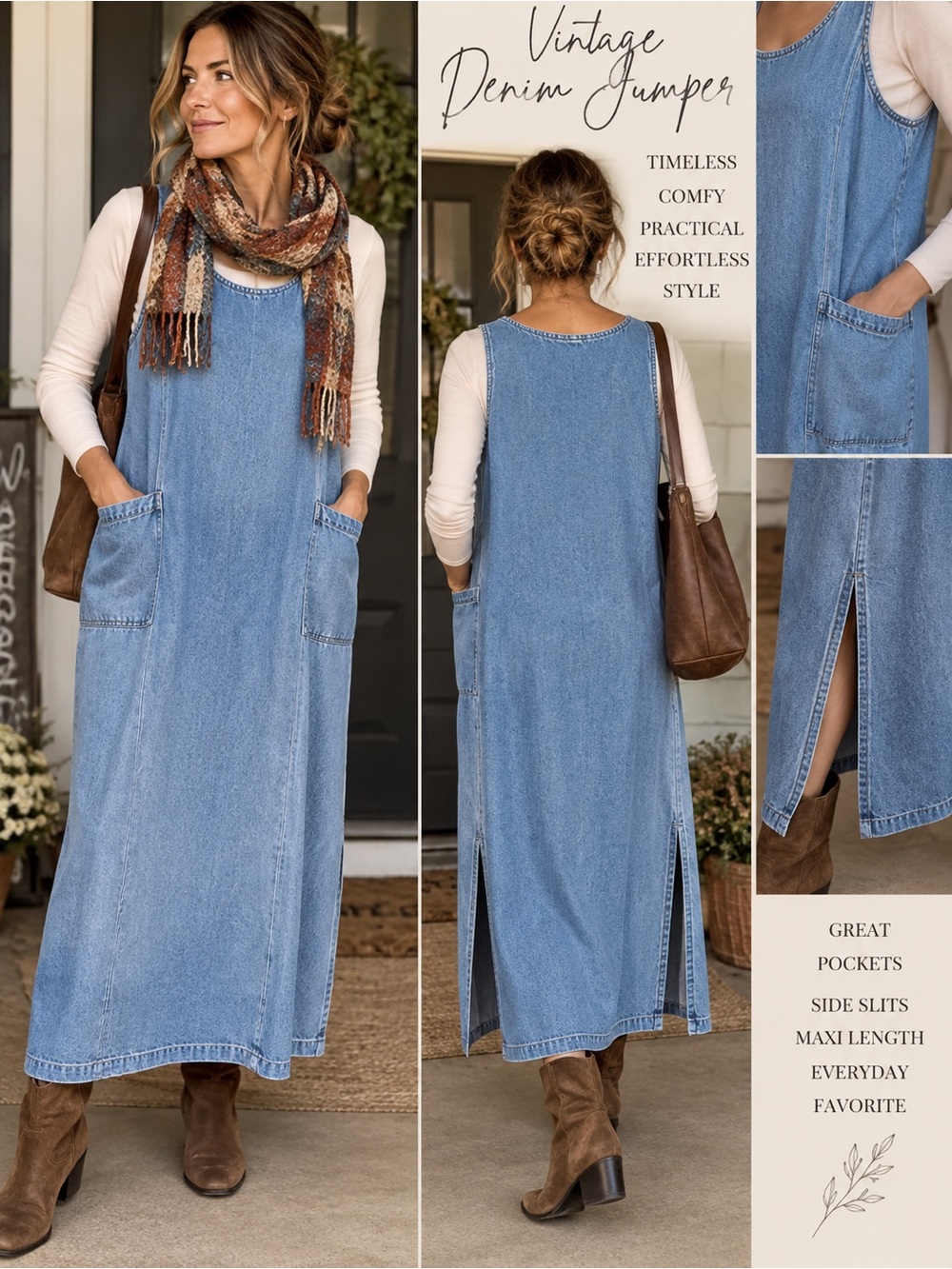 Vintage Denim Jumper Midi Dress M Utility Pockets 100% Cotton 90s Country